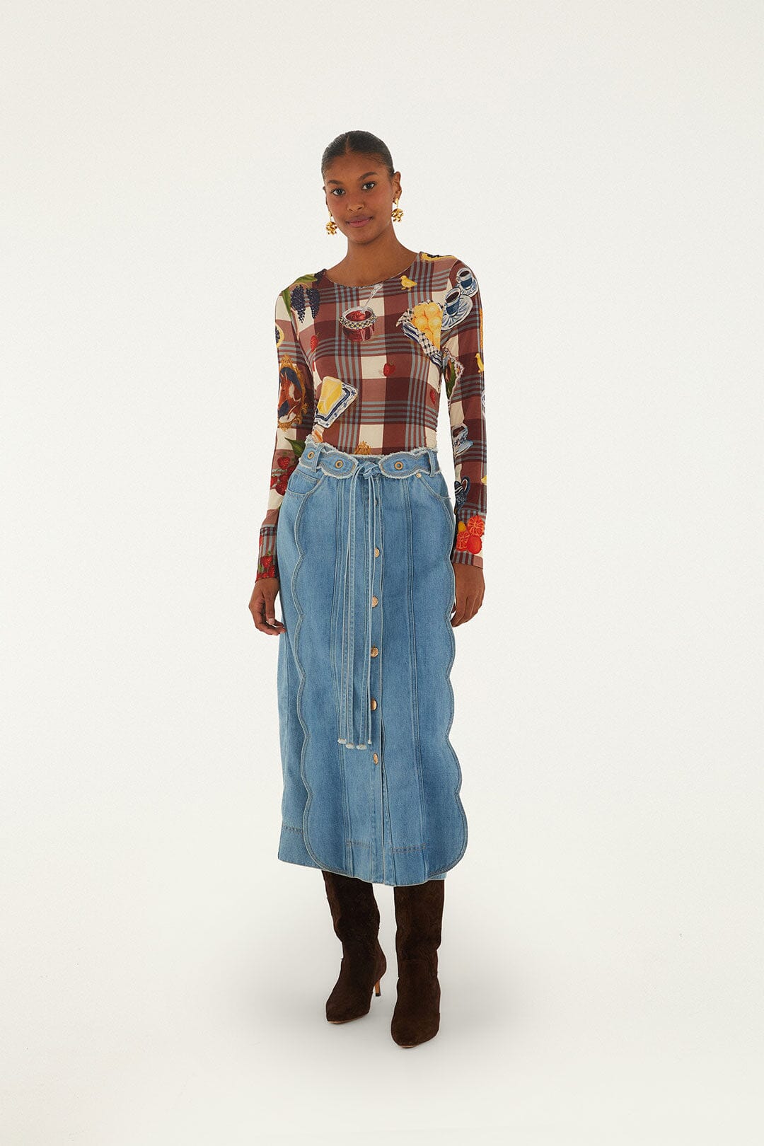 Denim Belted Wavy Midi Skirt Skirts - Midi Farm Rio 