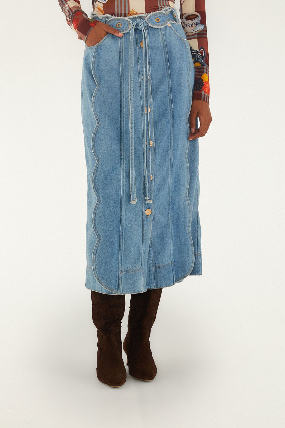 Denim Belted Wavy Midi Skirt Skirts - Midi Farm Rio 