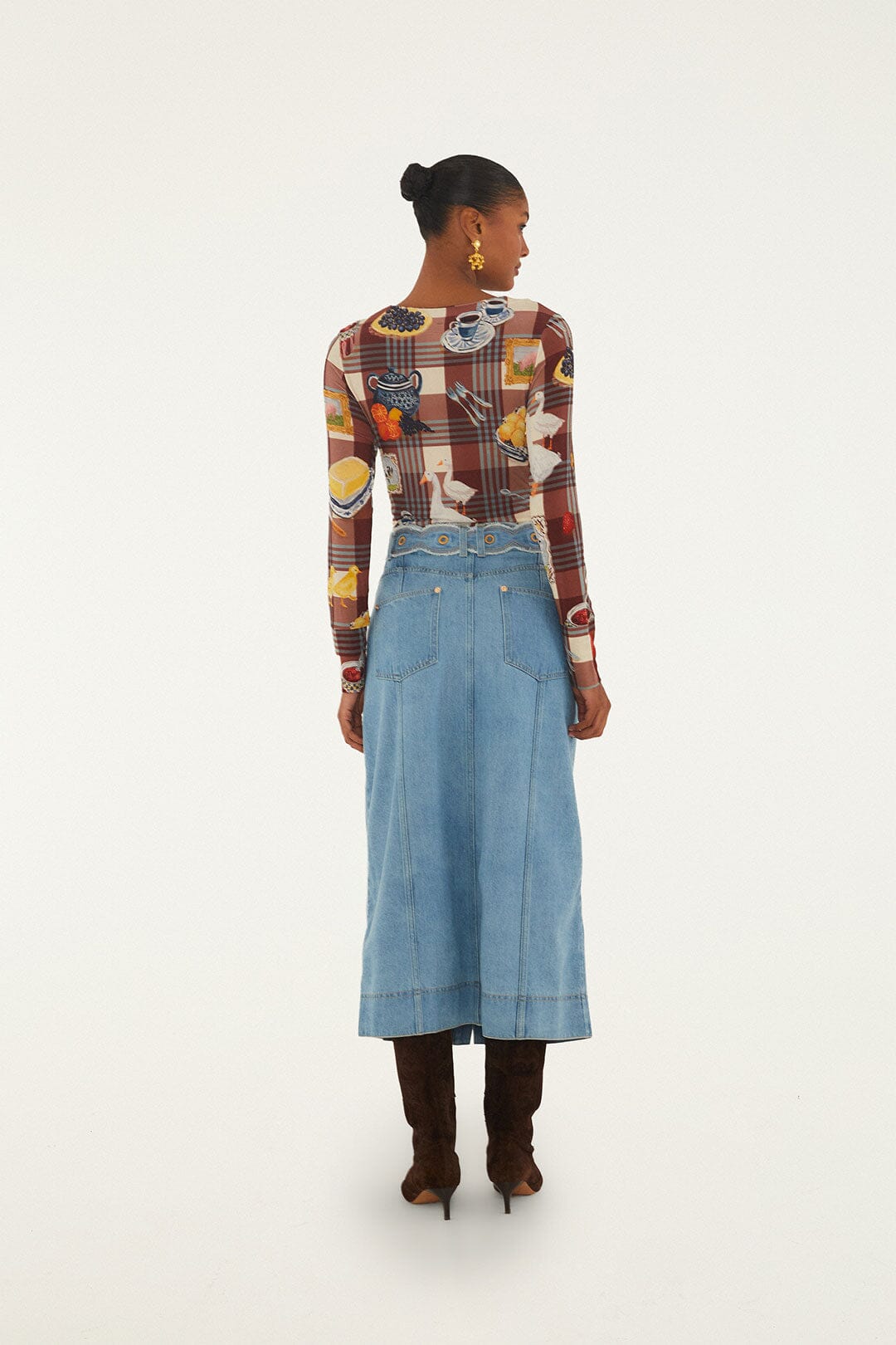 Denim Belted Wavy Midi Skirt Skirts - Midi Farm Rio 