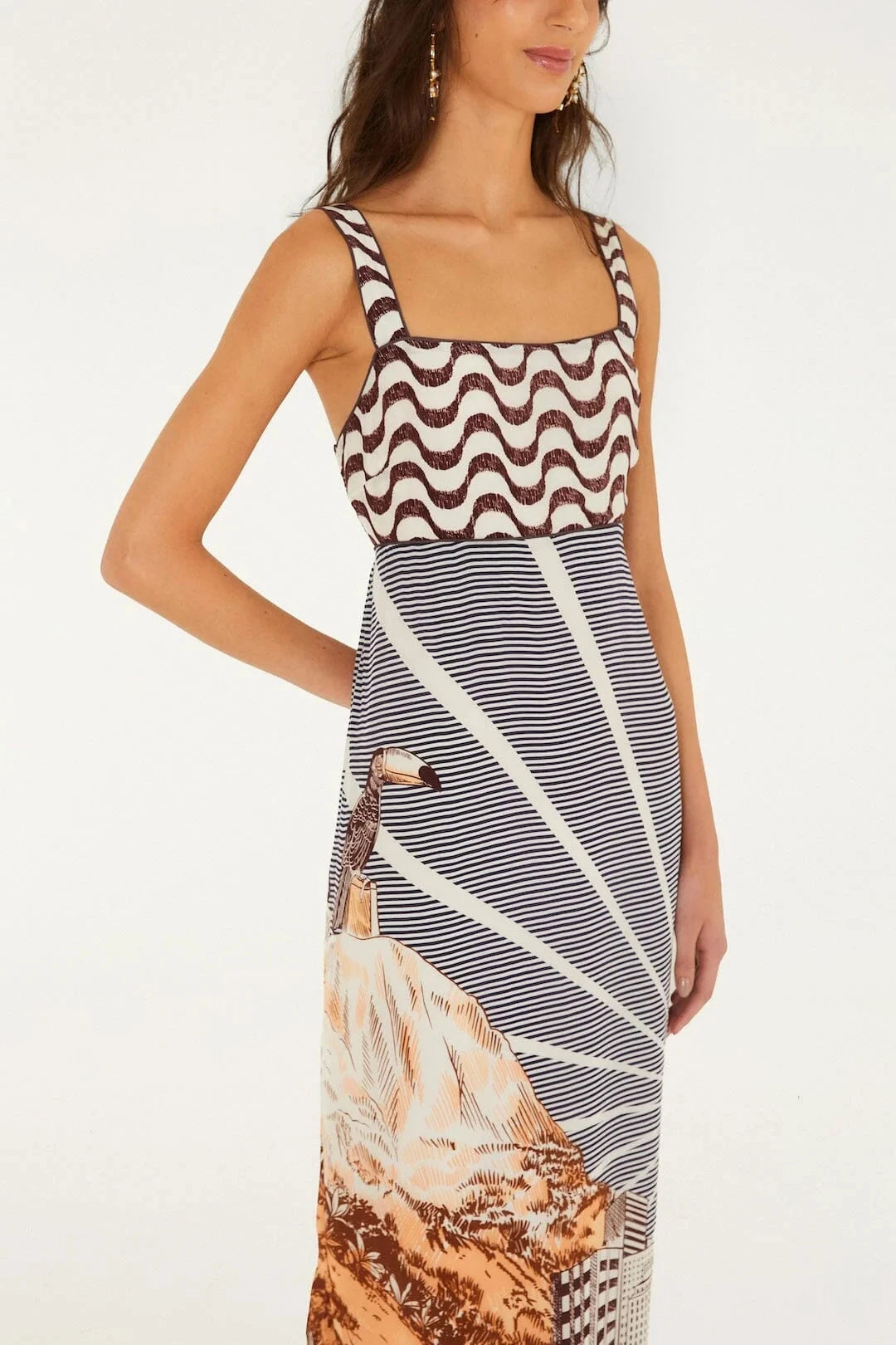 Mixed Carioca Coffee Sleeveless Midi Dress Dresses - Midi Farm Rio 