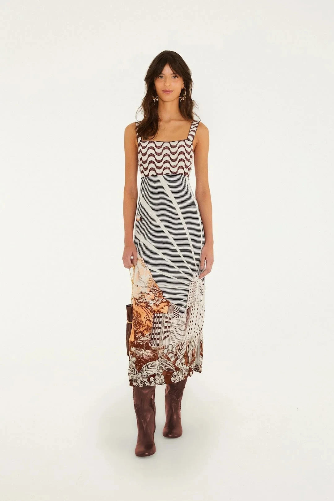 Mixed Carioca Coffee Sleeveless Midi Dress Dresses - Midi Farm Rio 