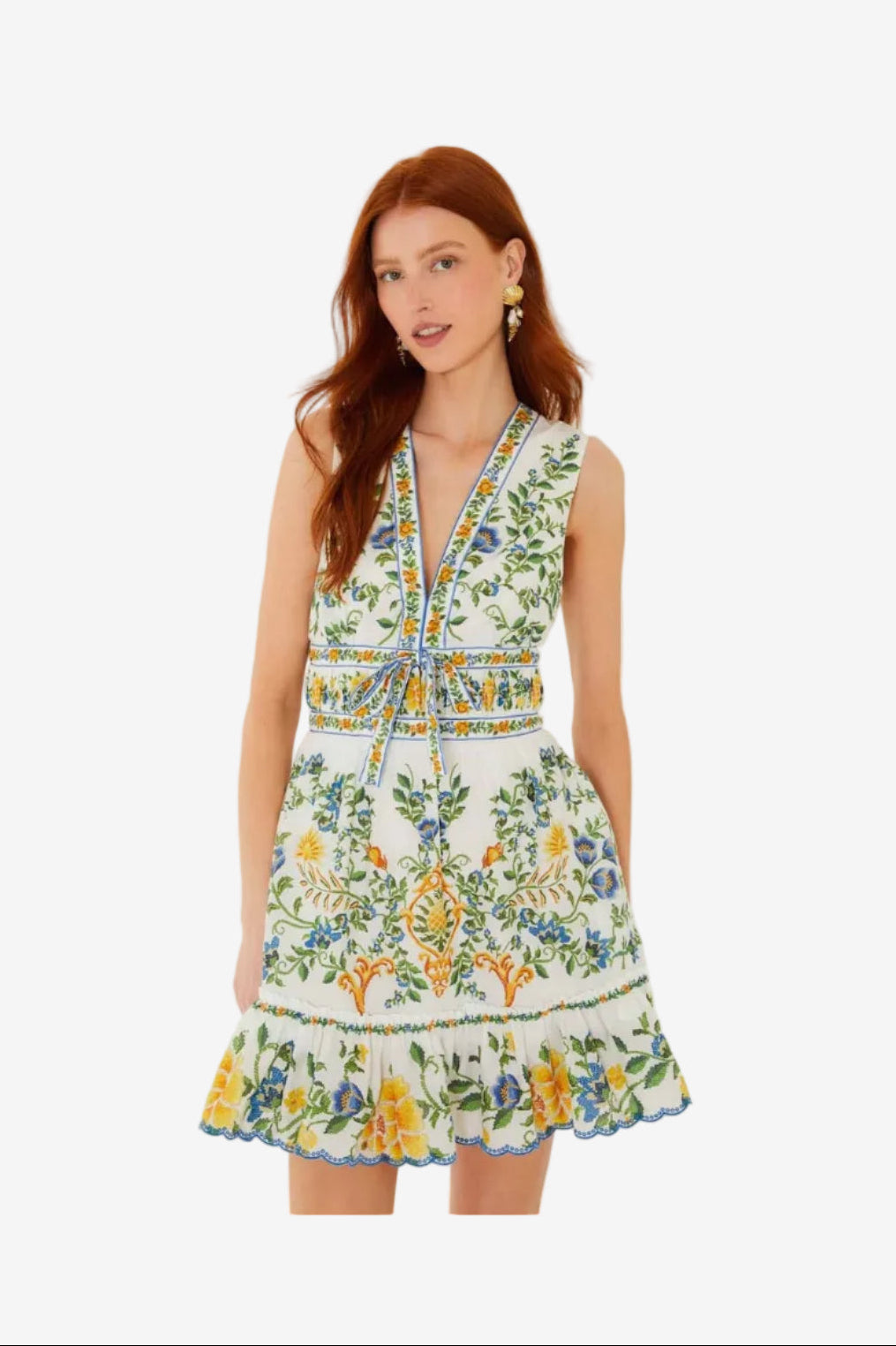 Emily Floral Tapestry Ruffled Mini Dress Off White Dresses - Short Farm Rio 
