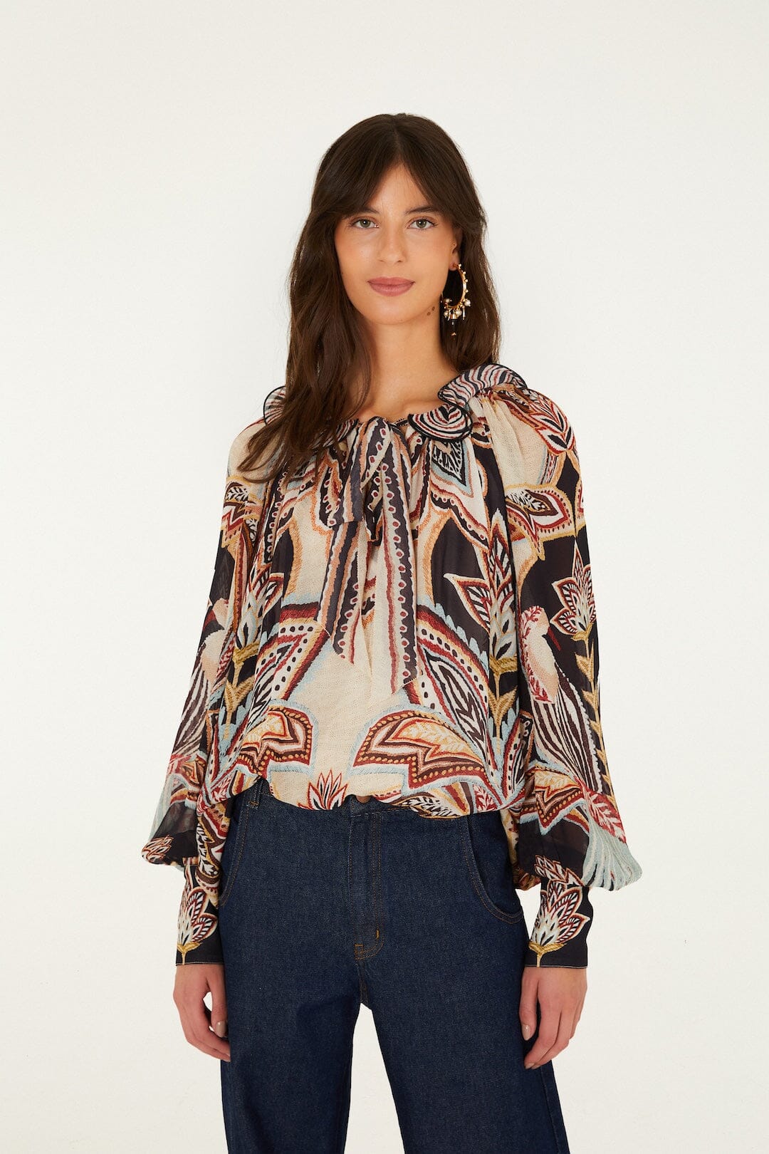 Tapestry Dream Ties Long Sleeve Blouse Beige Tops - Blouses Farm Rio 