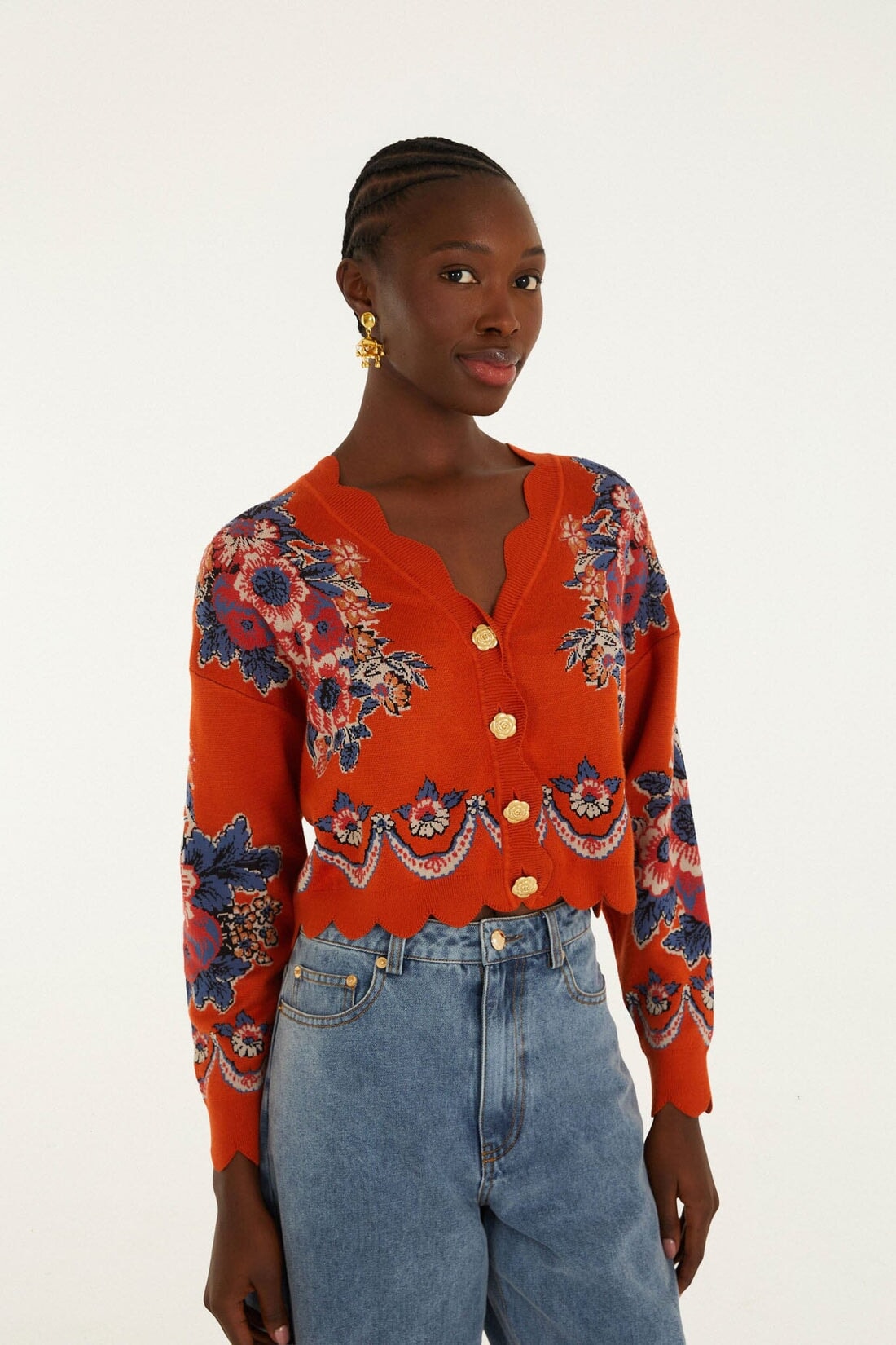 Victoria Knit Cardigan Floral Terracotta Sweater - Cardigans Farm Rio 