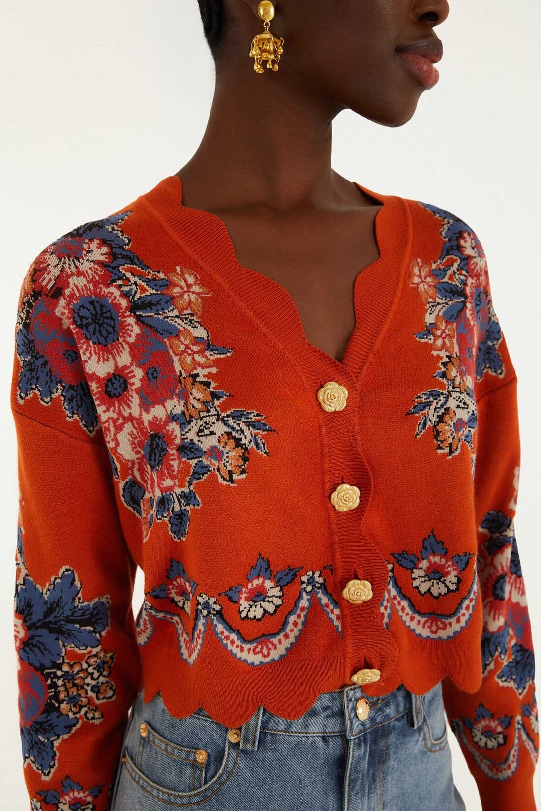 Victoria Knit Cardigan Floral Terracotta Sweater - Cardigans Farm Rio 