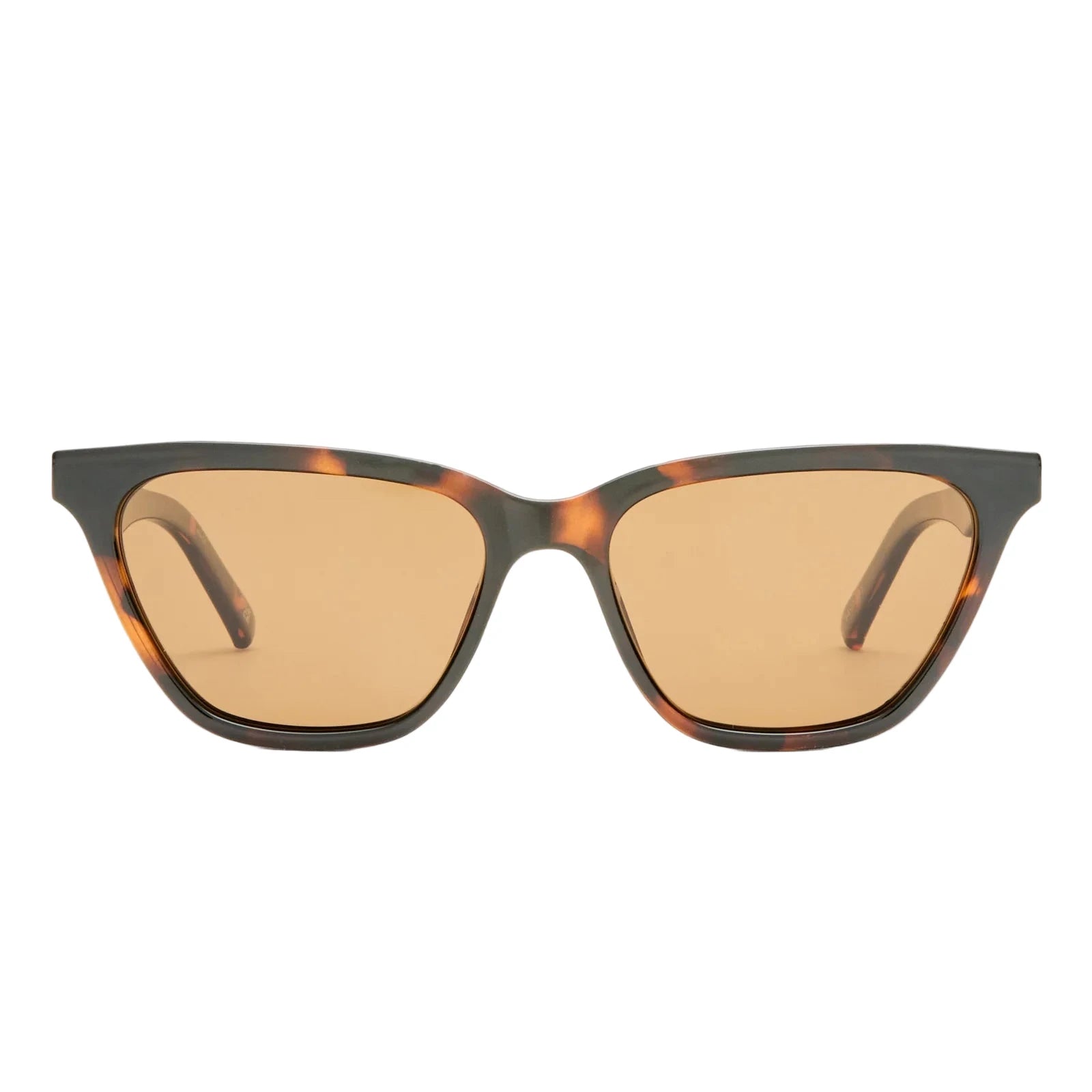Sunglasses with tortoiseshell frame and brown lenses on a light gray background