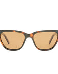 Sunglasses with tortoiseshell frame and brown lenses on a light gray background