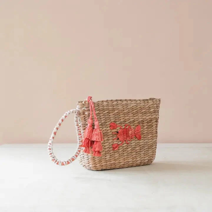 Mini Woven Pouch with Wristlet and Embroidered Lobster