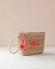 Mini Woven Pouch with Wristlet and Embroidered Lobster