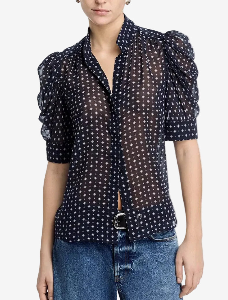 The Tie Print Gillian Top Navy Multi Tops - Blouses Frame 