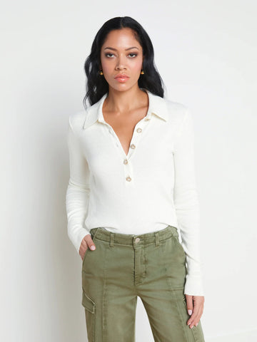 Sterling Silk-Cotton Blend Sweater Ivory/ Jewel Button Sweater - V-Neck L'Agence 