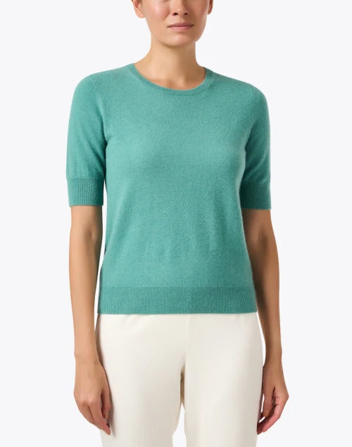 Cashmere Blend Short Sleeve Rib Knit Sweater Jade Sweater - Crewneck Repeat Cashmere 