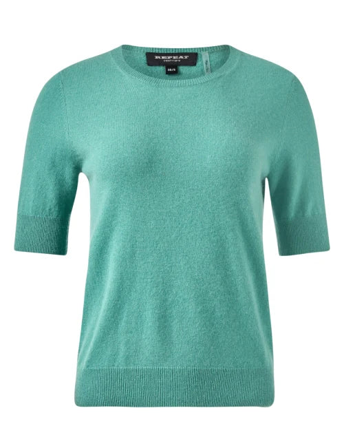 Cashmere Blend Short Sleeve Rib Knit Sweater Jade Sweater - Crewneck Repeat Cashmere 