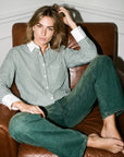 The Long Sleeve Boxy Crop Hunter Stripe/White Collar Tops - Button Down The Shirt 