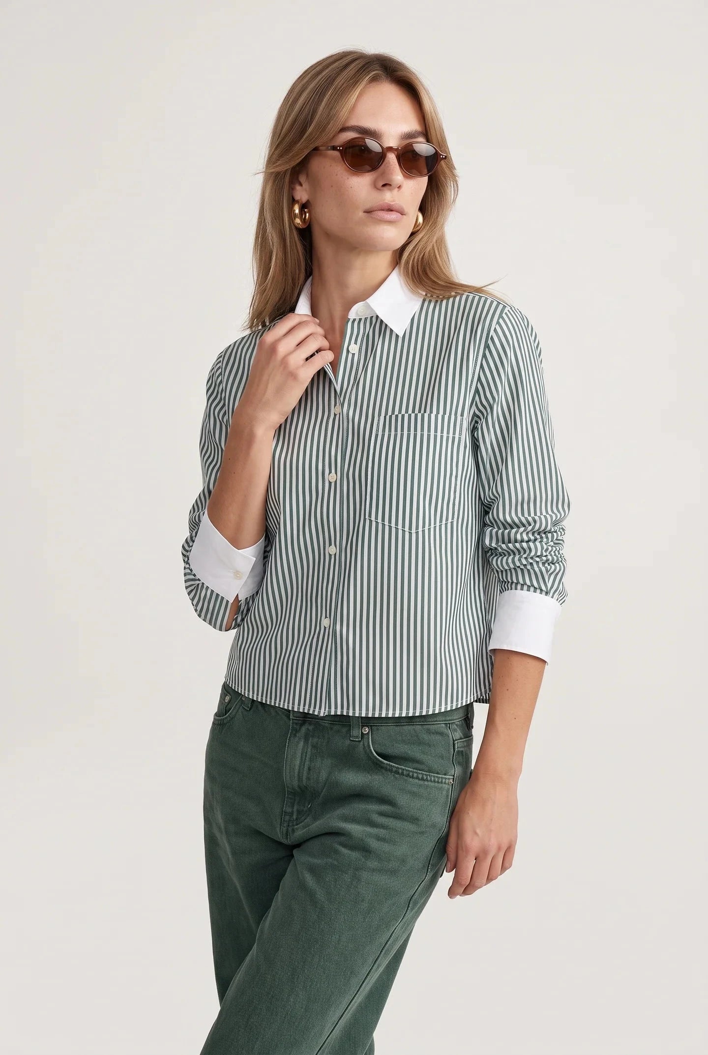 The Long Sleeve Boxy Crop Hunter Stripe/White Collar Tops - Button Down The Shirt 