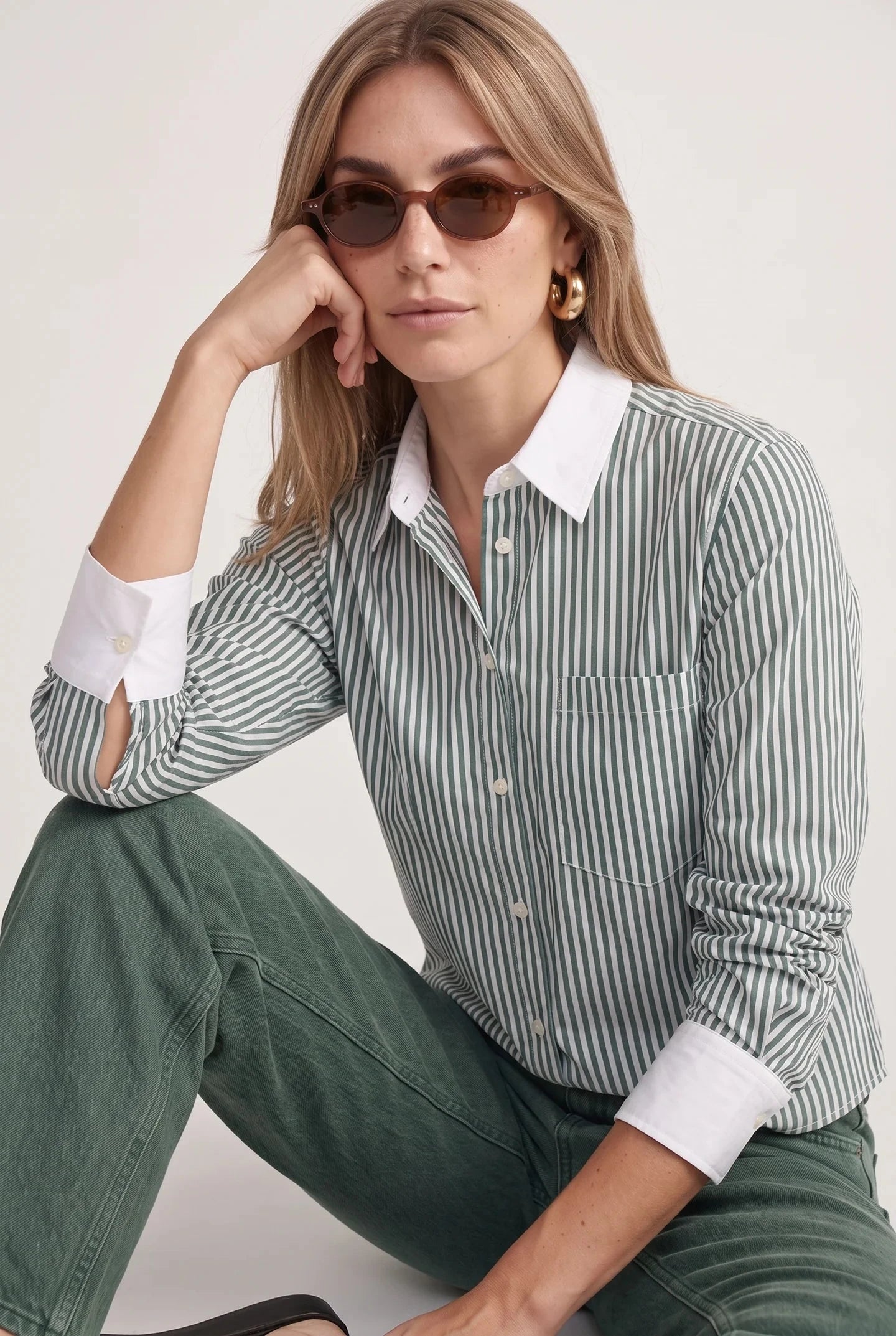 The Long Sleeve Boxy Crop Hunter Stripe/White Collar Tops - Button Down The Shirt 