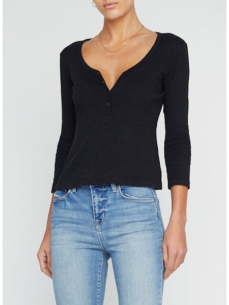 Rowena 3/4 Sleeve Henley Top Black Top - Blouses L'Agence 