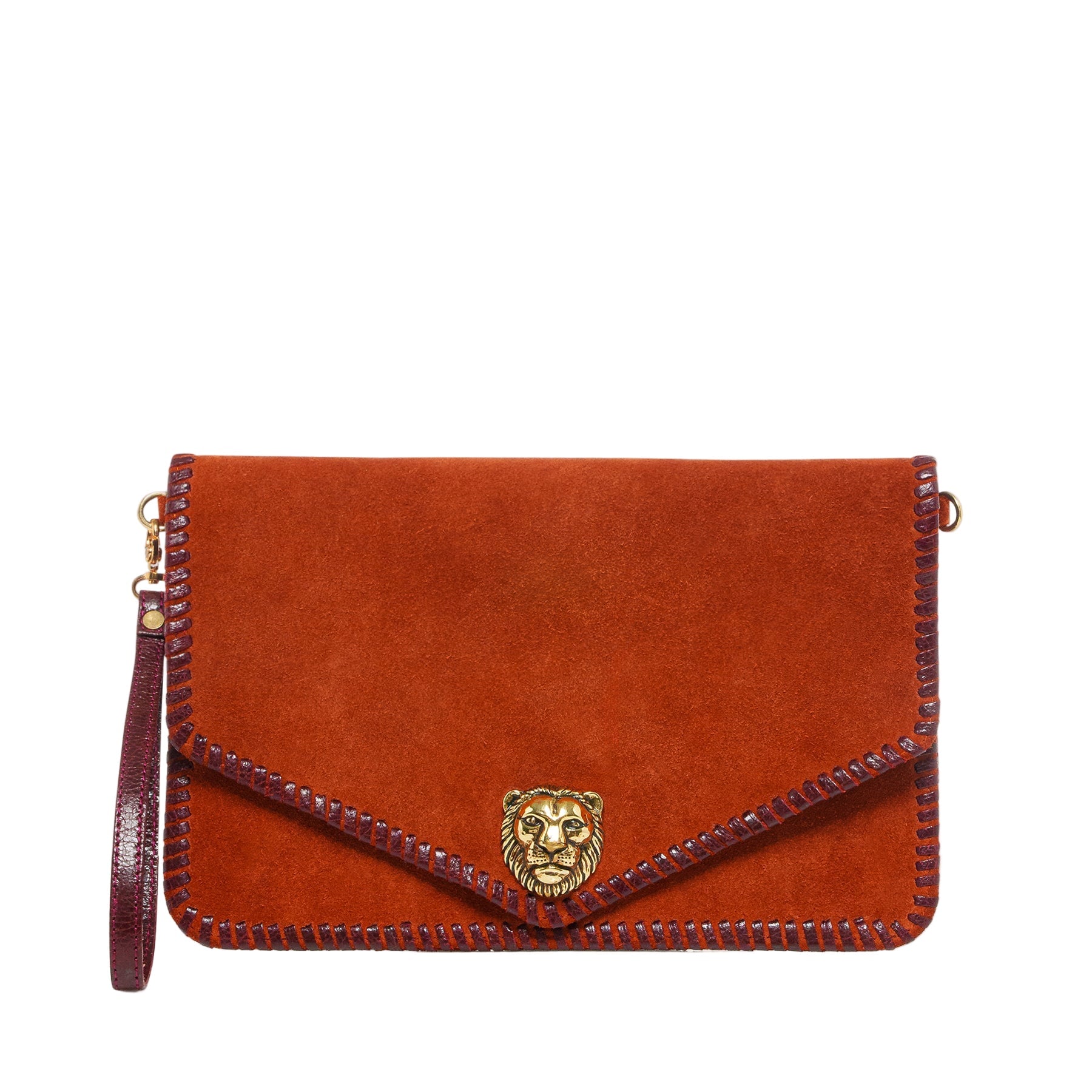 Brown suede clutch bag with lion head emblem on a light beige background