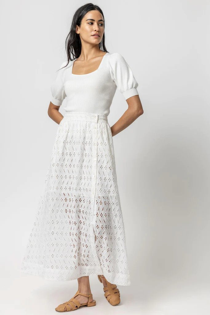 Eyelet Side Button Maxi Skirt White Skirts - long Lilla P 