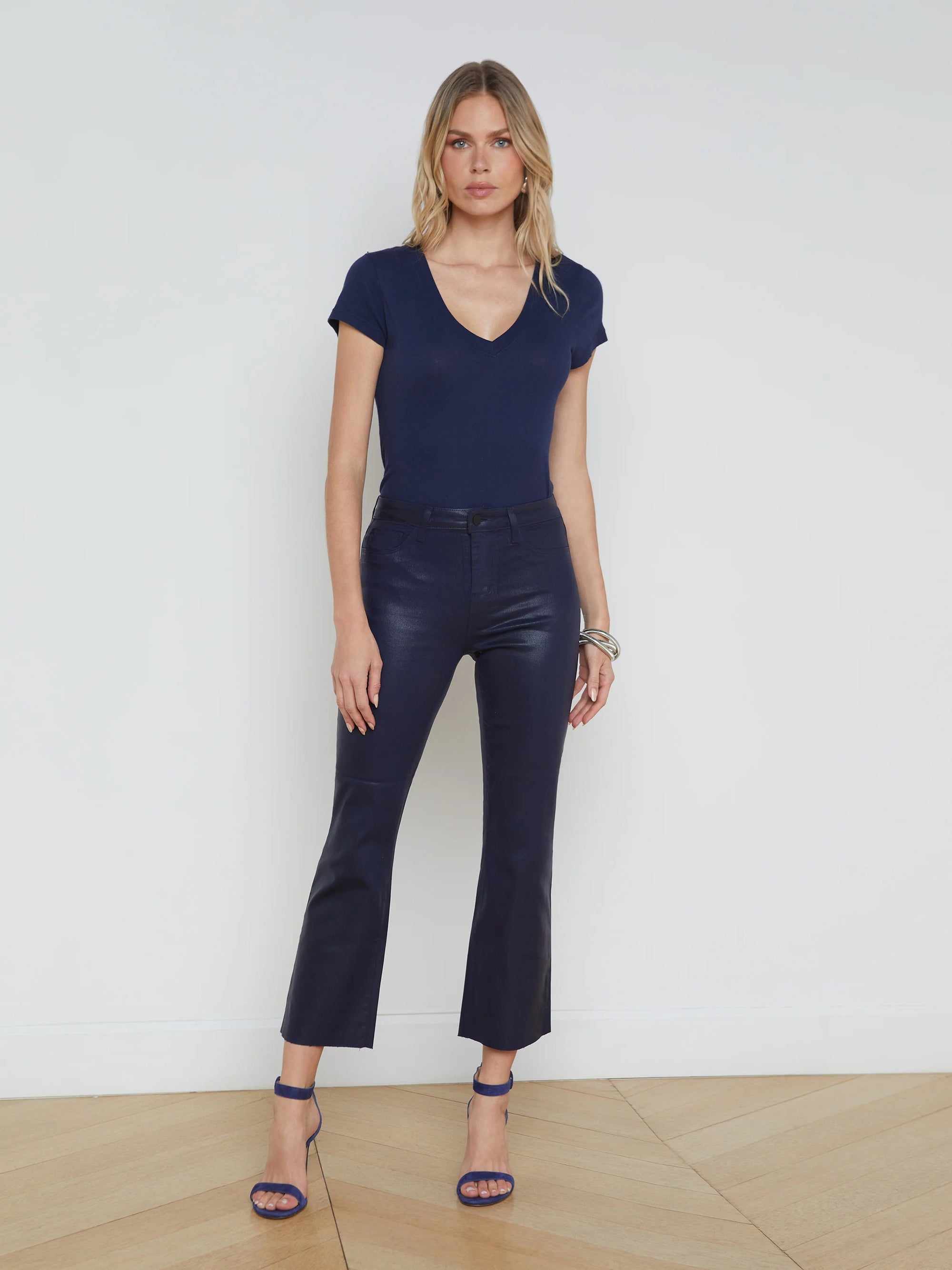 Kendra High Rise Crop Flare Midnight Coated Denim - Flare &amp; Wide Leg L&#39;Agence 