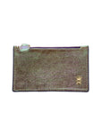 Small rectangular pouch with a gold zipper and logo on a light gray background