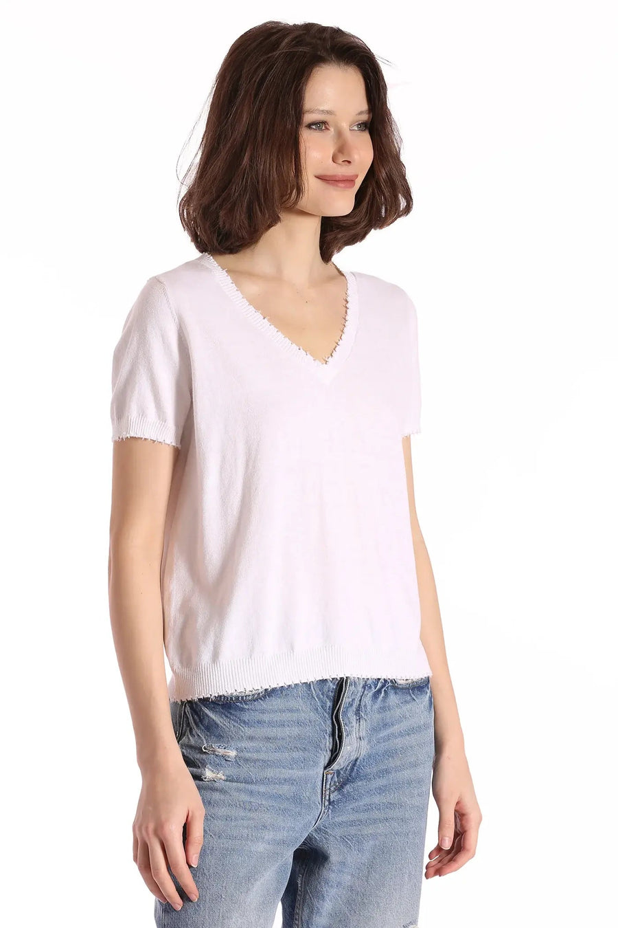 Cotton Cashmere Frayed V-Neck Tee White Top - Tees Minnie Rose 