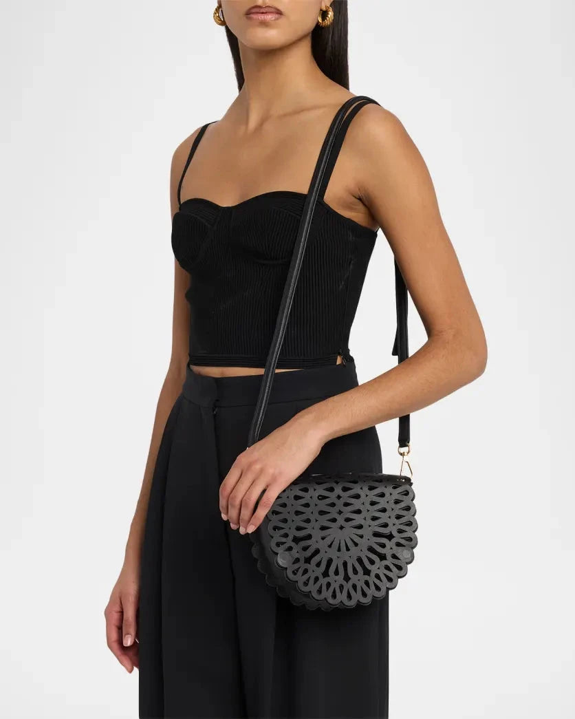 McCall Laser Cut Leather Saddle Black Crossbody Simkhai 