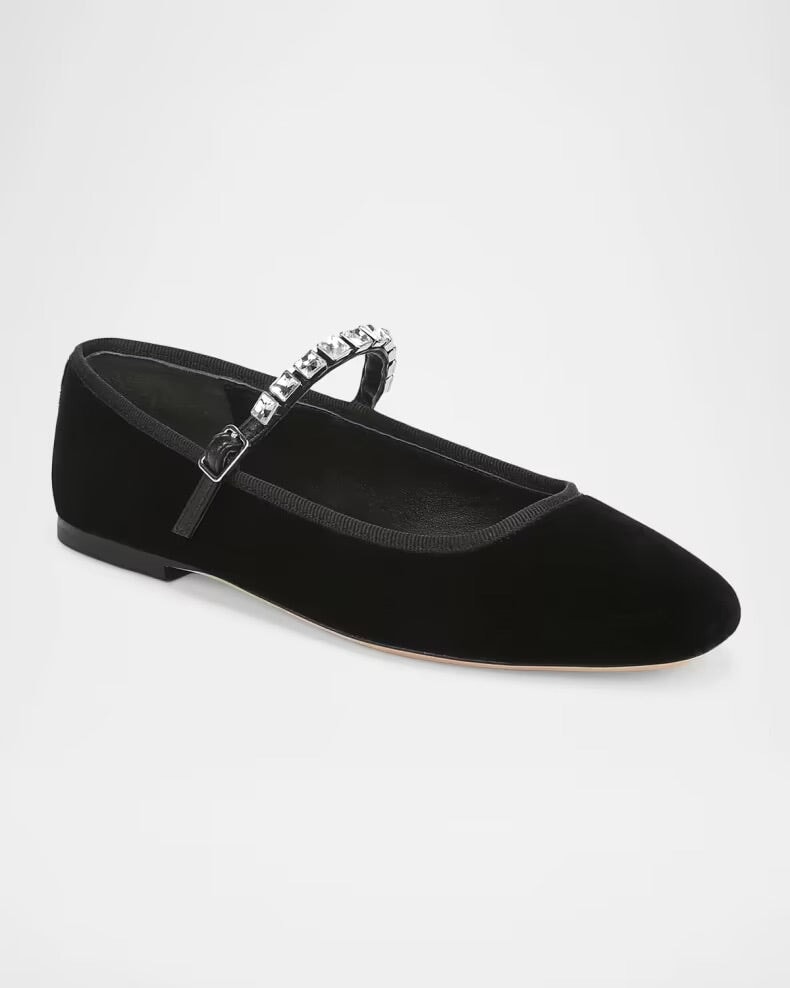 Ellie Velvet Crystal-Strap Flats Black