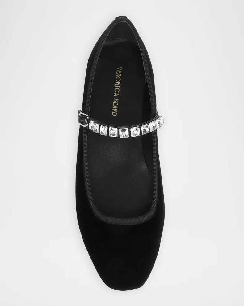 Ellie Velvet Crystal-Strap Flats Black