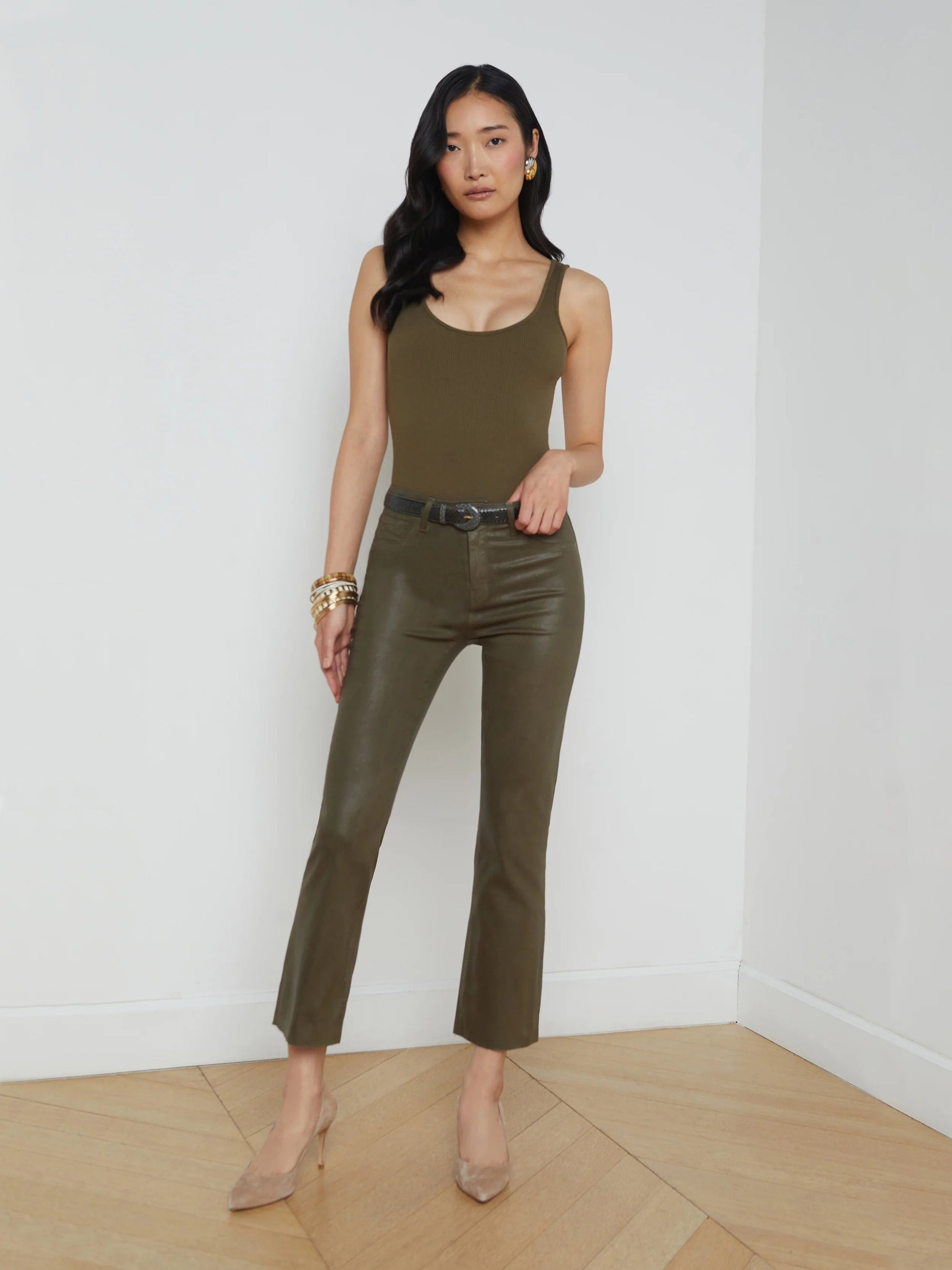 Kendra High Rise Crop Flare Pinewood Coated Denim - Cropped & Ankle L'Agence 