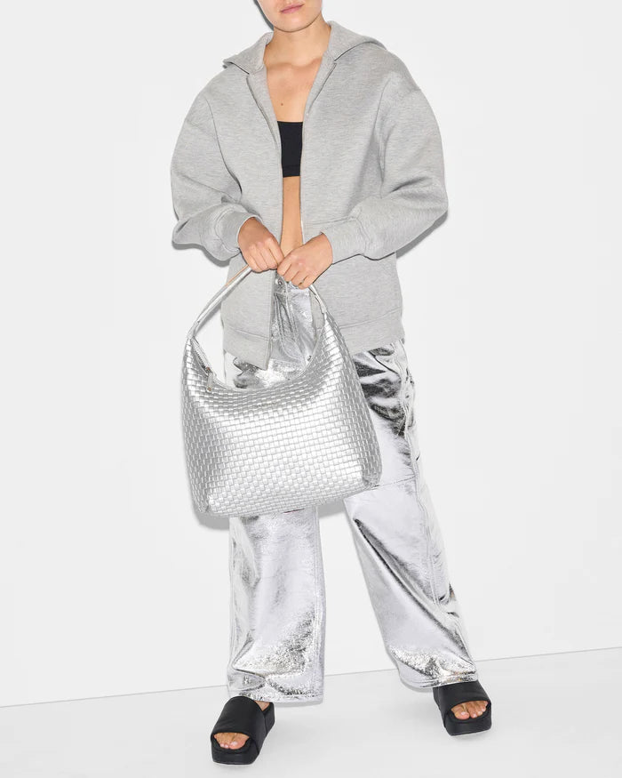 Large Woven Nylon Shoulder Bag Matte Silver