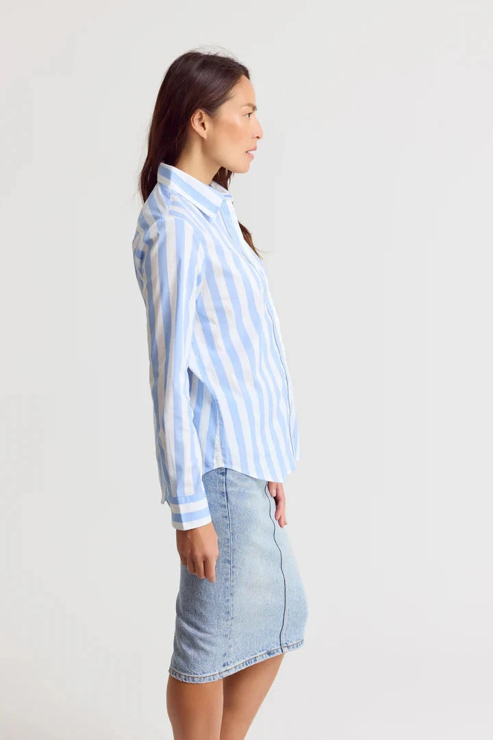 The Boyfriend Shirt Wide Sky Blue/White Stripe Tops - Button Down The Shirt 