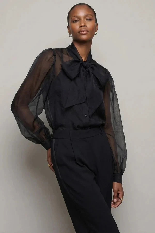The Long Sleeve French Bow Shirt Black Tops - Button Down The Shirt 