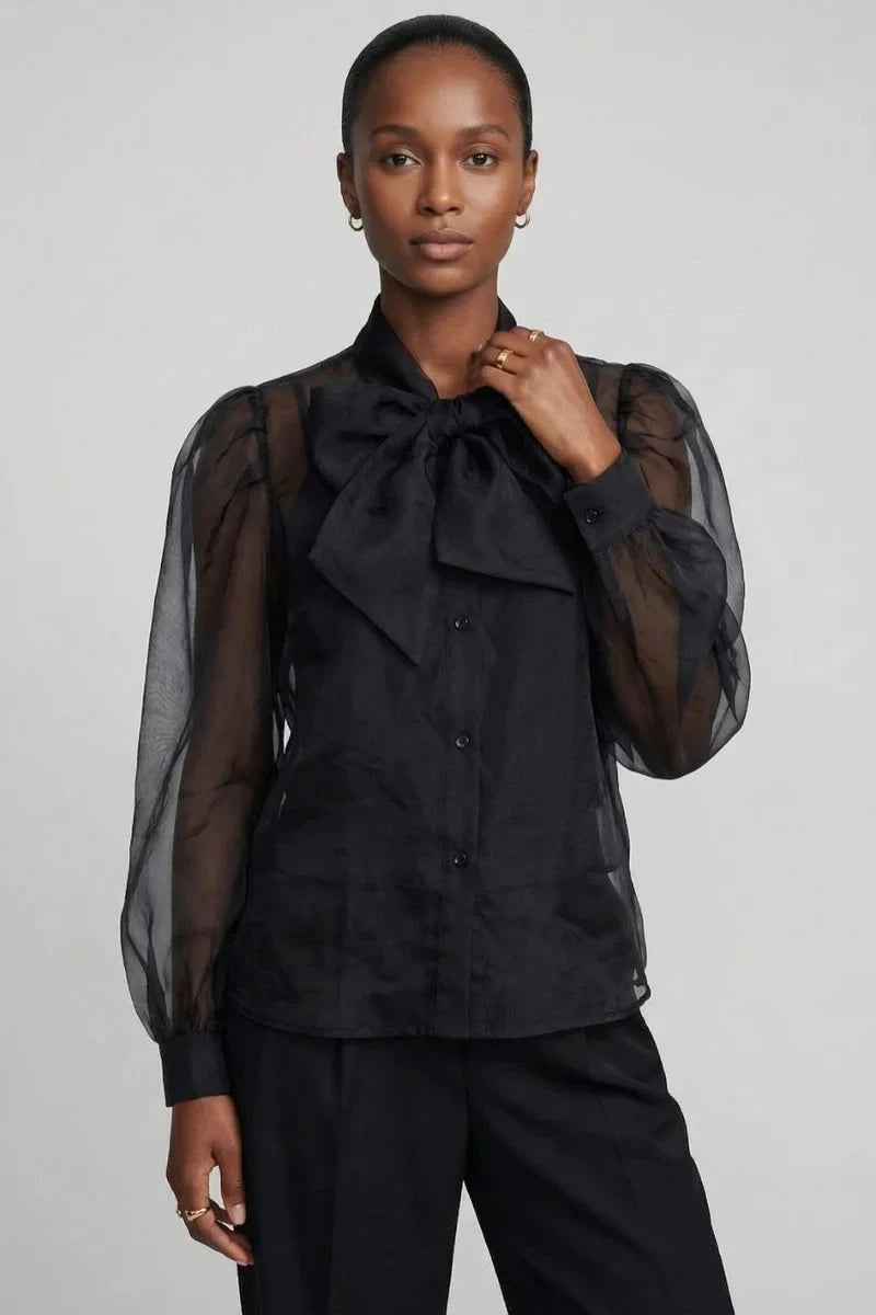 The Long Sleeve French Bow Shirt Black Tops - Button Down The Shirt 
