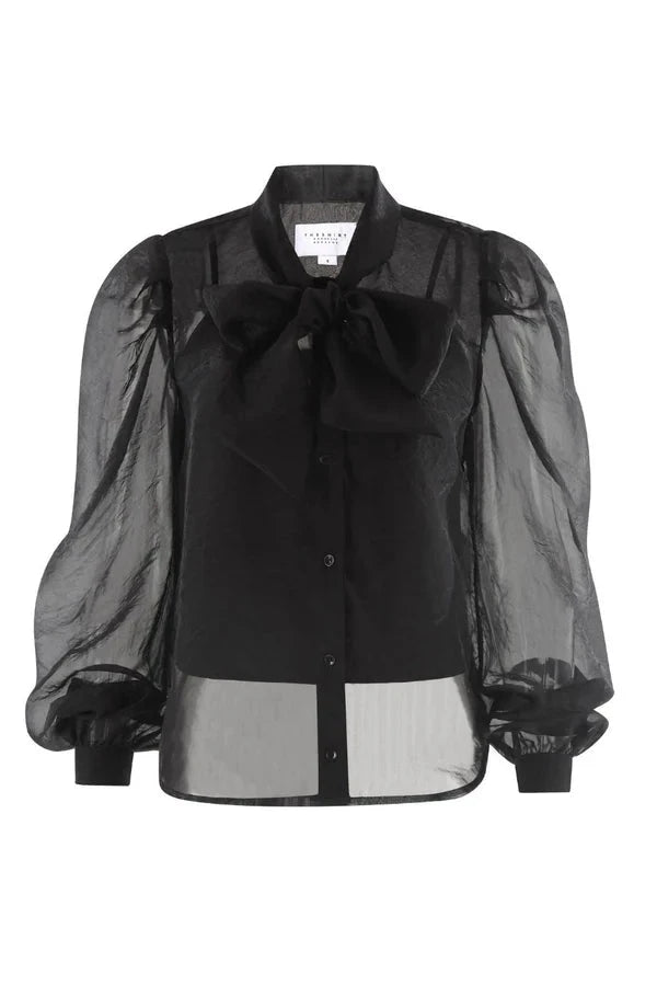 The Long Sleeve French Bow Shirt Black Tops - Button Down The Shirt 