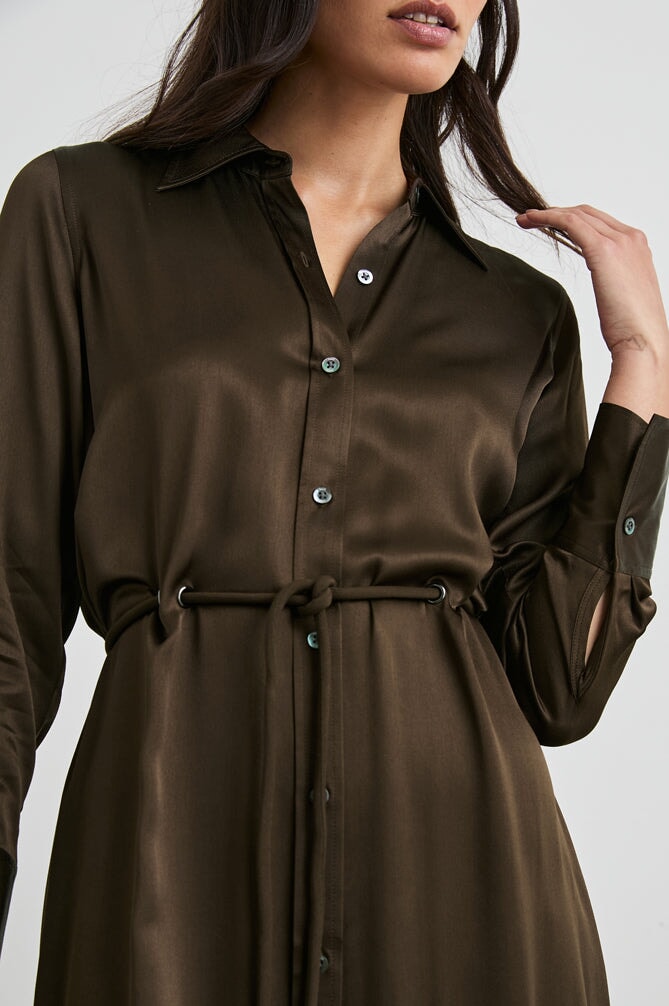 Anina Satin Shirtdress Dark Moss Dresses - Midi Rails 