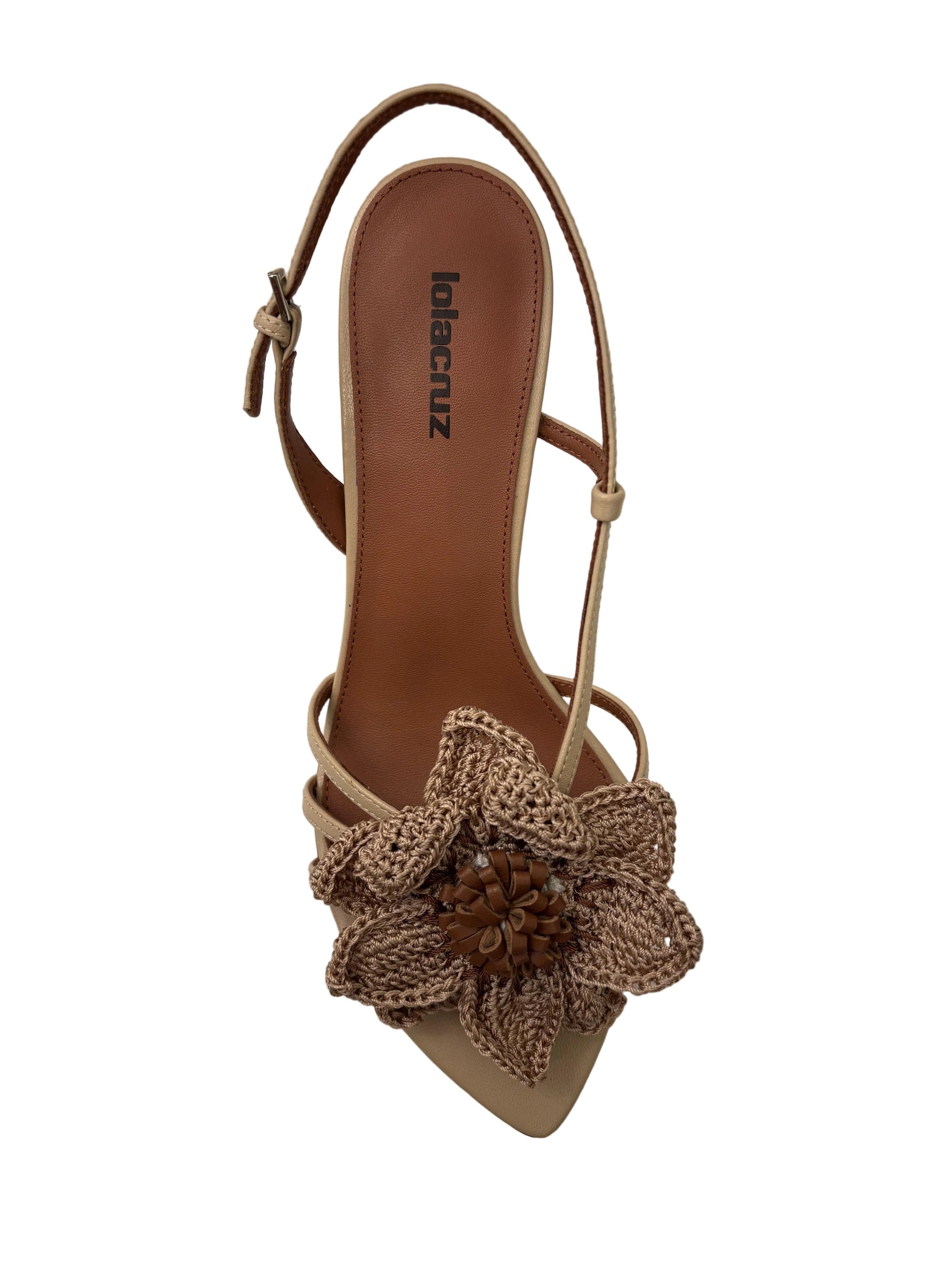 Jazmin Mule Flower Kitten Heel Beige Sandals - Heeled Sandals Lola Cruz 