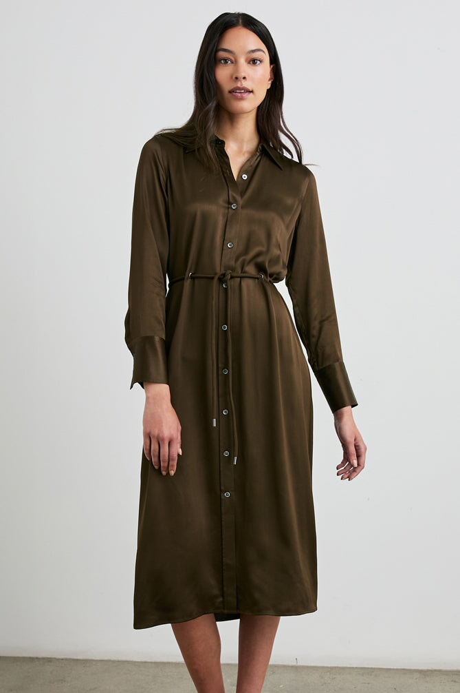 Anina Satin Shirtdress Dark Moss Dresses - Midi Rails 