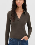 Kearney Ribbed Long Sleeve Tee Dark Umber Tops - Tees Veronica Beard 