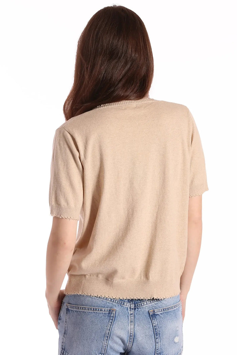 Cotton Cashmere Frayed V-Neck Tee Brown Sugar Top - Tees Minnie Rose 