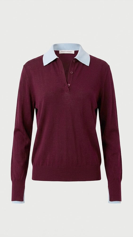Superfine Merino Layered Polo Black Cherry Light Blue Trim Sweater - V-Neck White + Warren 