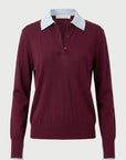 Superfine Merino Layered Polo Black Cherry Light Blue Trim Sweater - V-Neck White + Warren 