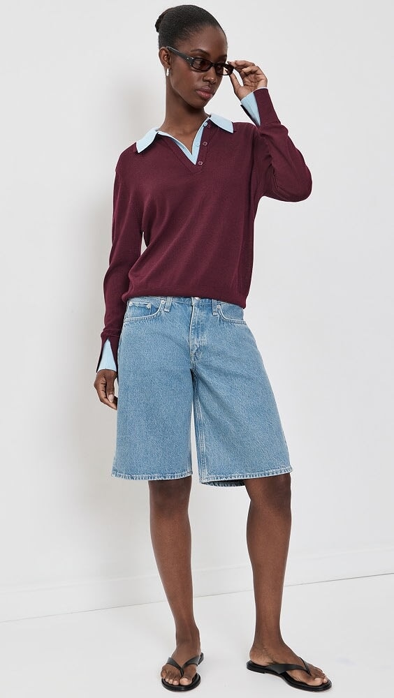 Superfine Merino Layered Polo Black Cherry Light Blue Trim Sweater - V-Neck White + Warren 