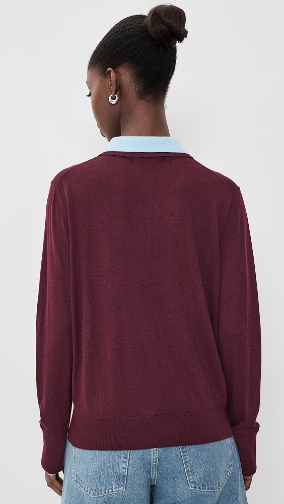Superfine Merino Layered Polo Black Cherry Light Blue Trim Sweater - V-Neck White + Warren 