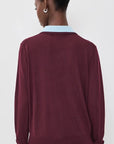 Superfine Merino Layered Polo Black Cherry Light Blue Trim Sweater - V-Neck White + Warren 