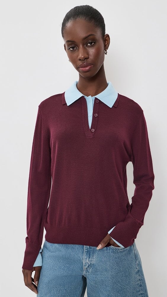 Superfine Merino Layered Polo Black Cherry Light Blue Trim Sweater - V-Neck White + Warren 