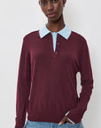 Superfine Merino Layered Polo Black Cherry Light Blue Trim Sweater - V-Neck White + Warren 