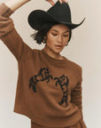 Horse Embroidered Crew Umber Sweater - Crewneck White + Warren 