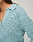 Organic Cotton Cashmere Mesh Polo Top Soft Aqua Sweater - V-Neck White + Warren 
